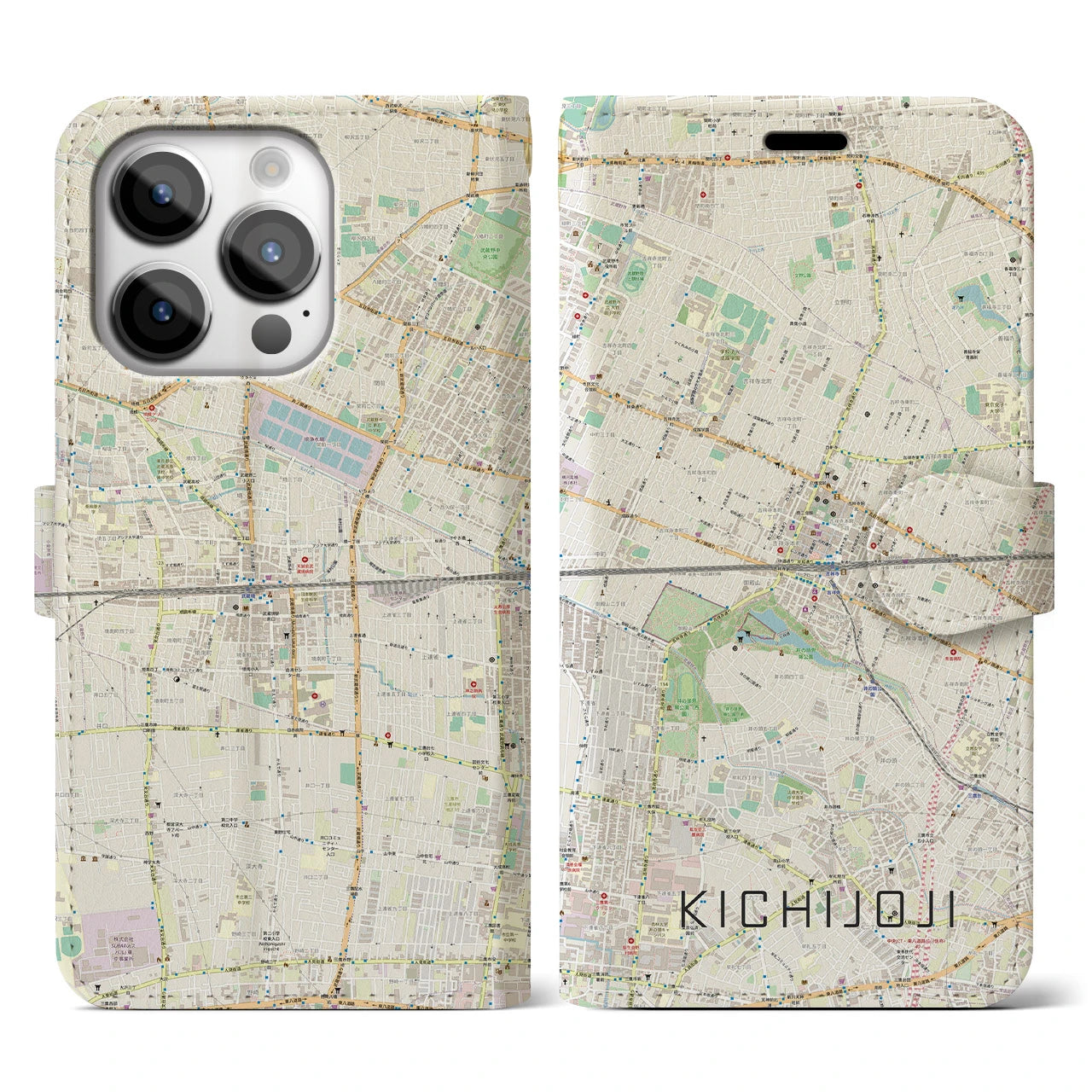 【吉祥寺2】地図柄iPhoneケース（手帳両面タイプ・ナチュラル）iPhone 14 Pro 用