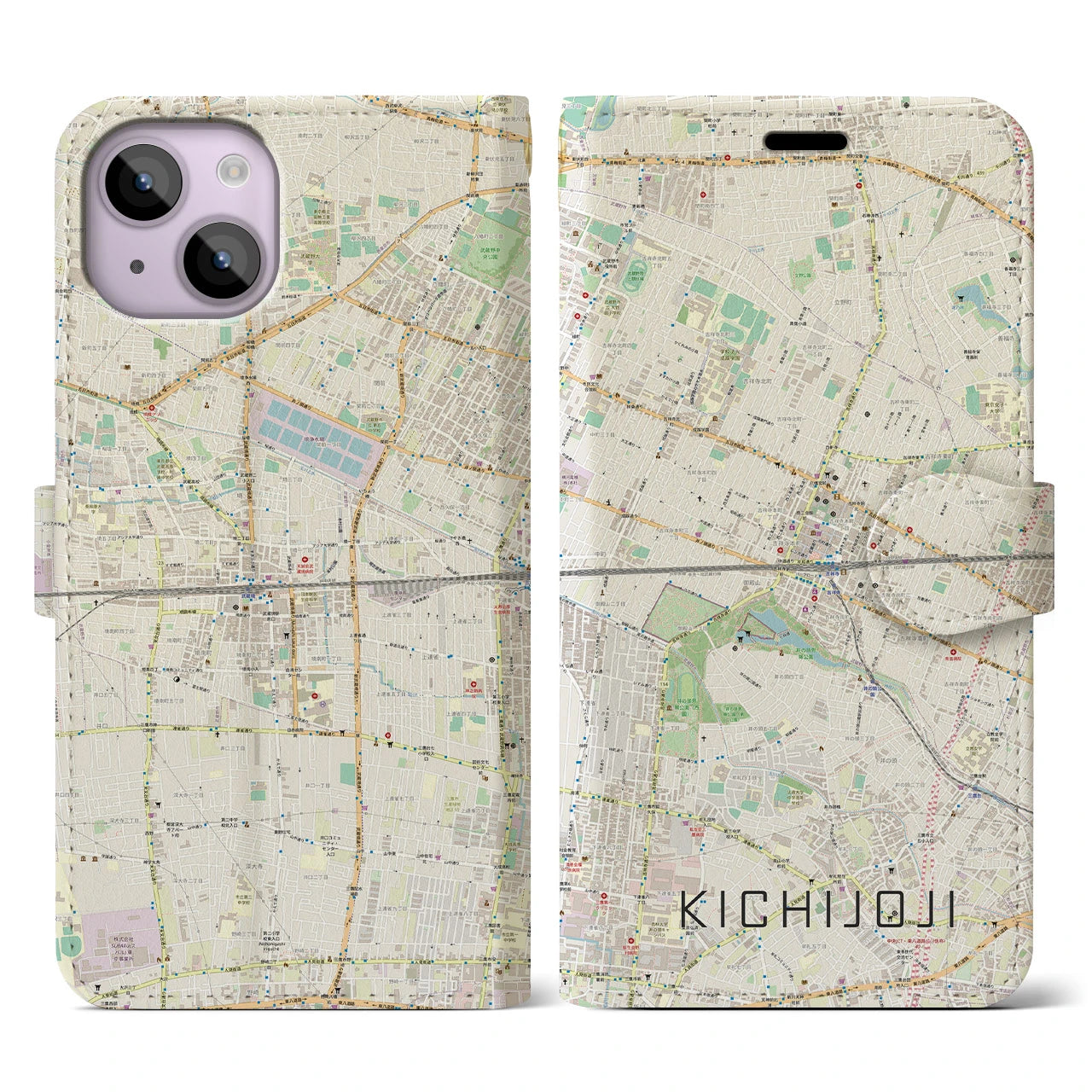 【吉祥寺2】地図柄iPhoneケース（手帳両面タイプ・ナチュラル）iPhone 14 用