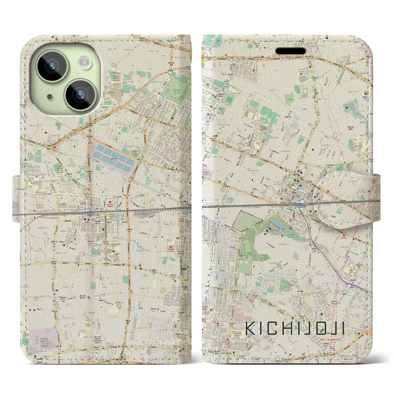 【吉祥寺2】地図柄iPhoneケース（手帳両面タイプ・ナチュラル）iPhone 15 用