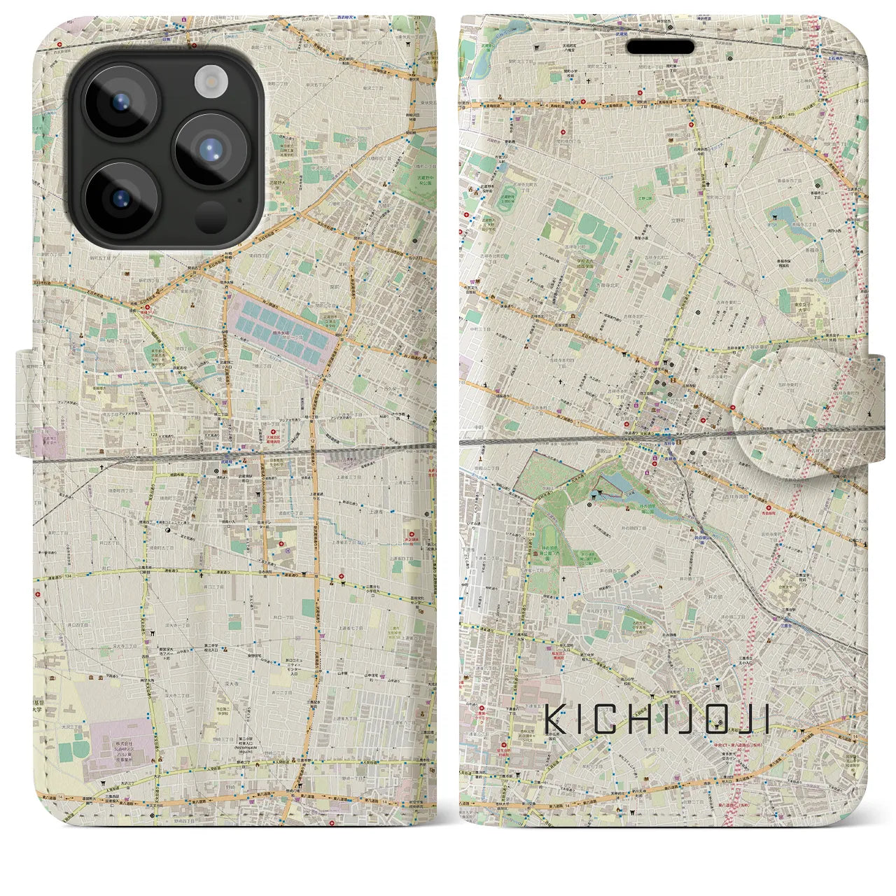 【吉祥寺2】地図柄iPhoneケース（手帳両面タイプ・ナチュラル）iPhone 15 Pro Max 用