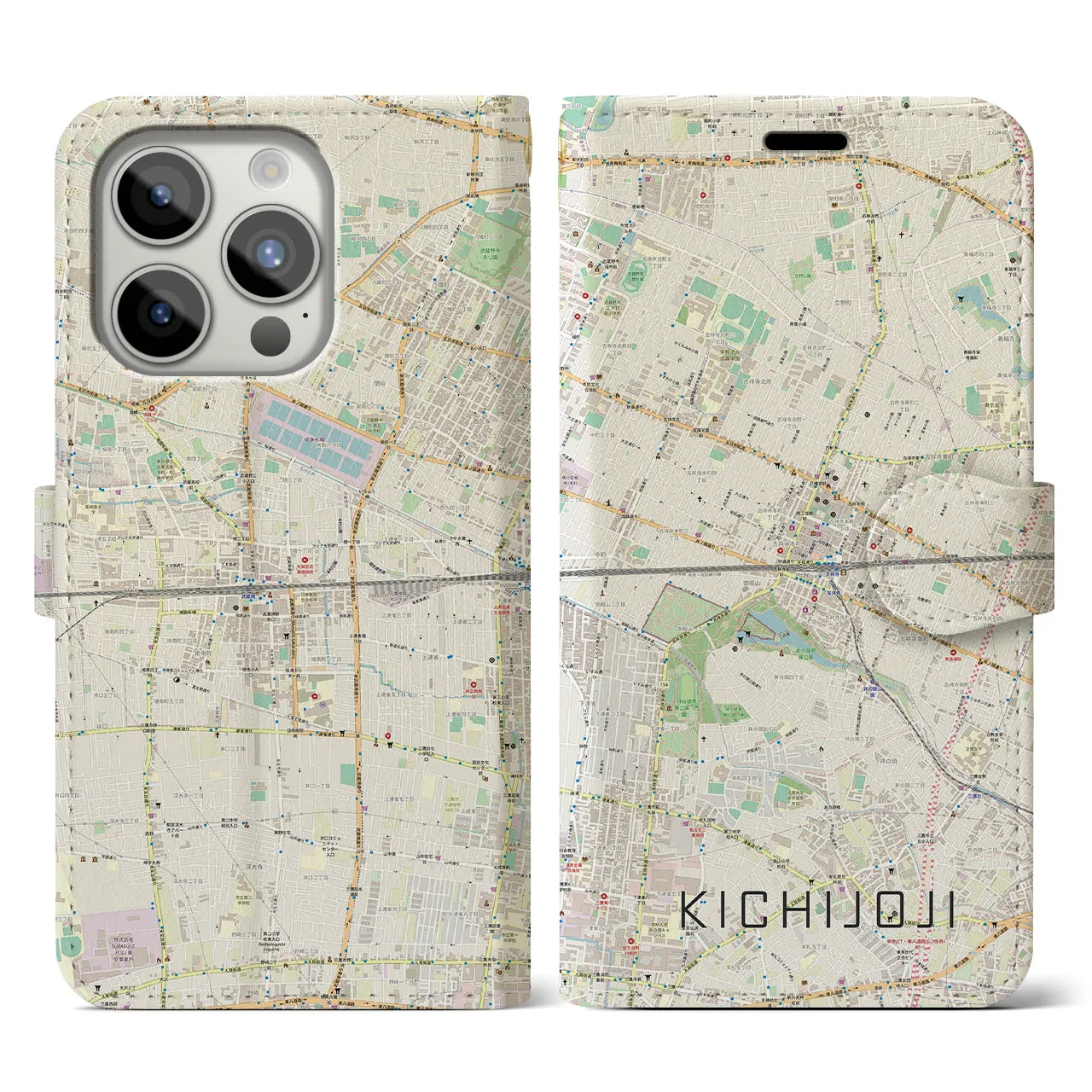 【吉祥寺2】地図柄iPhoneケース（手帳両面タイプ・ナチュラル）iPhone 15 Pro 用