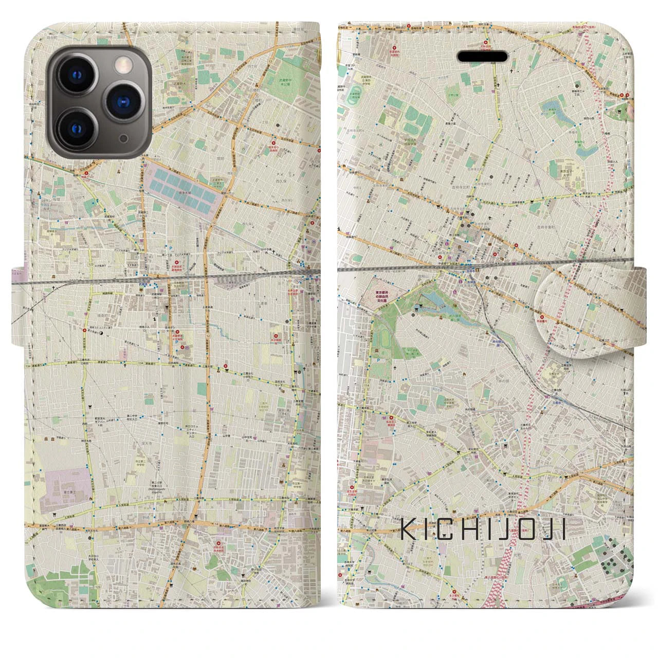 【吉祥寺】地図柄iPhoneケース（手帳両面タイプ・ナチュラル）iPhone 11 Pro Max 用