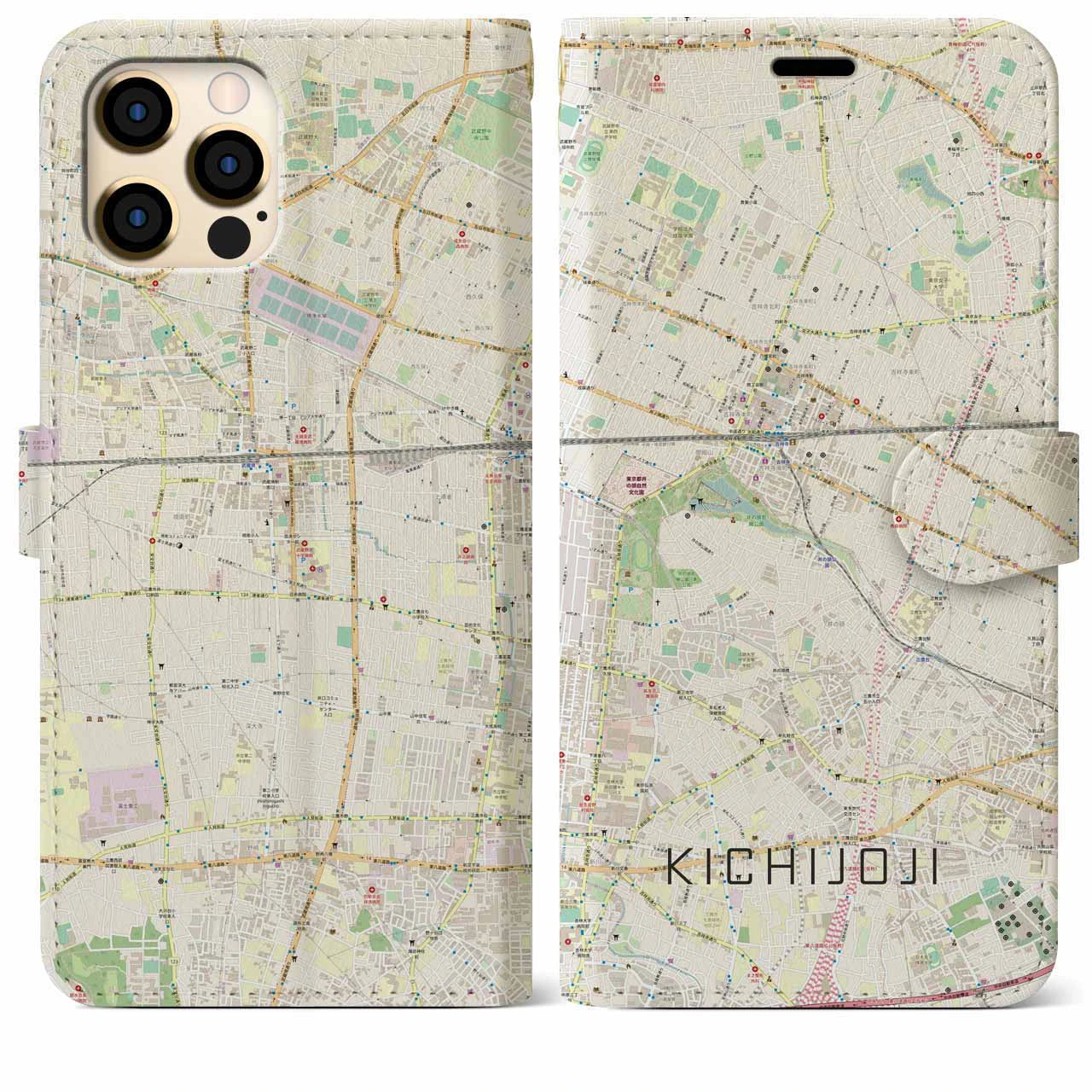 【吉祥寺】地図柄iPhoneケース（手帳両面タイプ・ナチュラル）iPhone 12 Pro Max 用