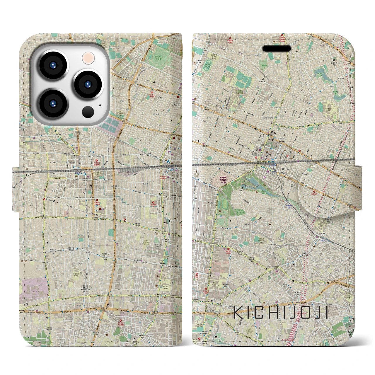 【吉祥寺】地図柄iPhoneケース（手帳両面タイプ・ナチュラル）iPhone 13 Pro 用