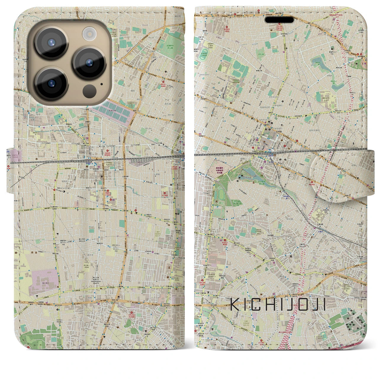 【吉祥寺】地図柄iPhoneケース（手帳両面タイプ・ナチュラル）iPhone 14 Pro Max 用