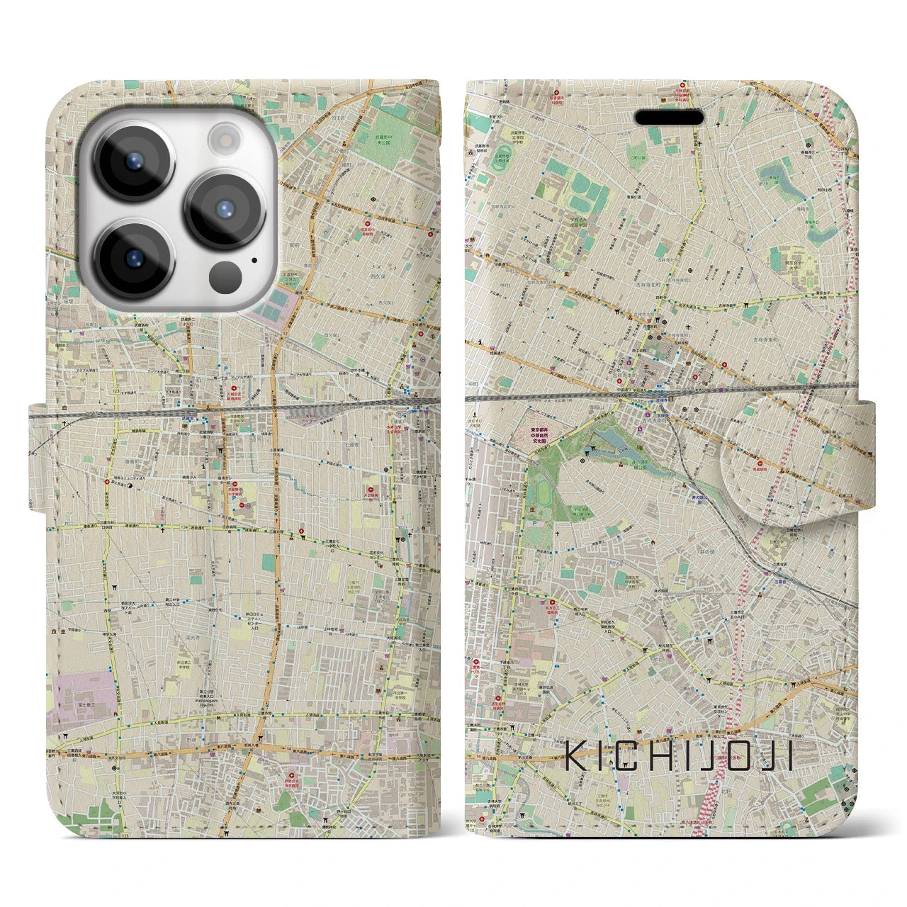 【吉祥寺】地図柄iPhoneケース（手帳両面タイプ・ナチュラル）iPhone 14 Pro 用