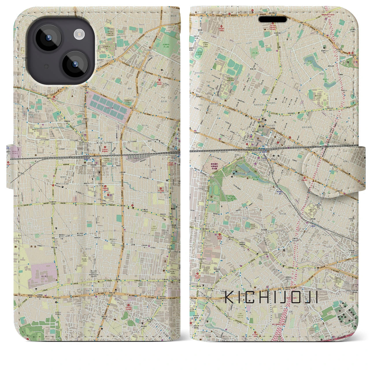 【吉祥寺】地図柄iPhoneケース（手帳両面タイプ・ナチュラル）iPhone 14 Plus 用