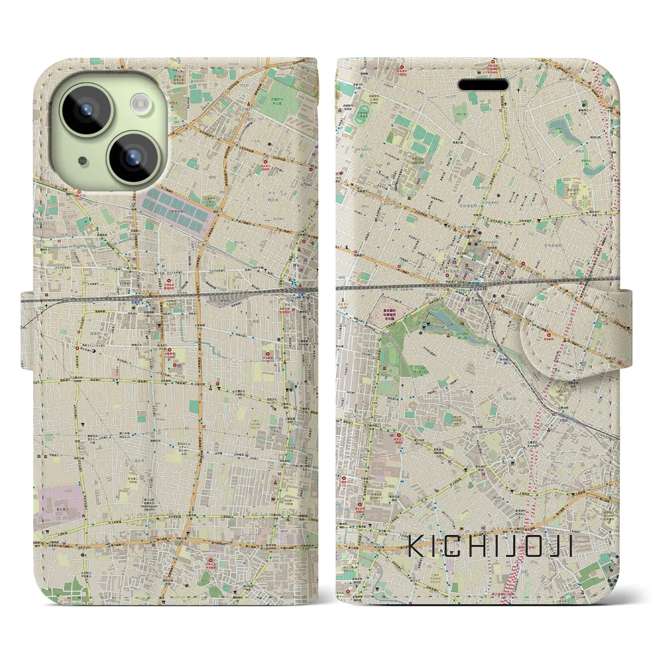 【吉祥寺】地図柄iPhoneケース（手帳両面タイプ・ナチュラル）iPhone 15 用