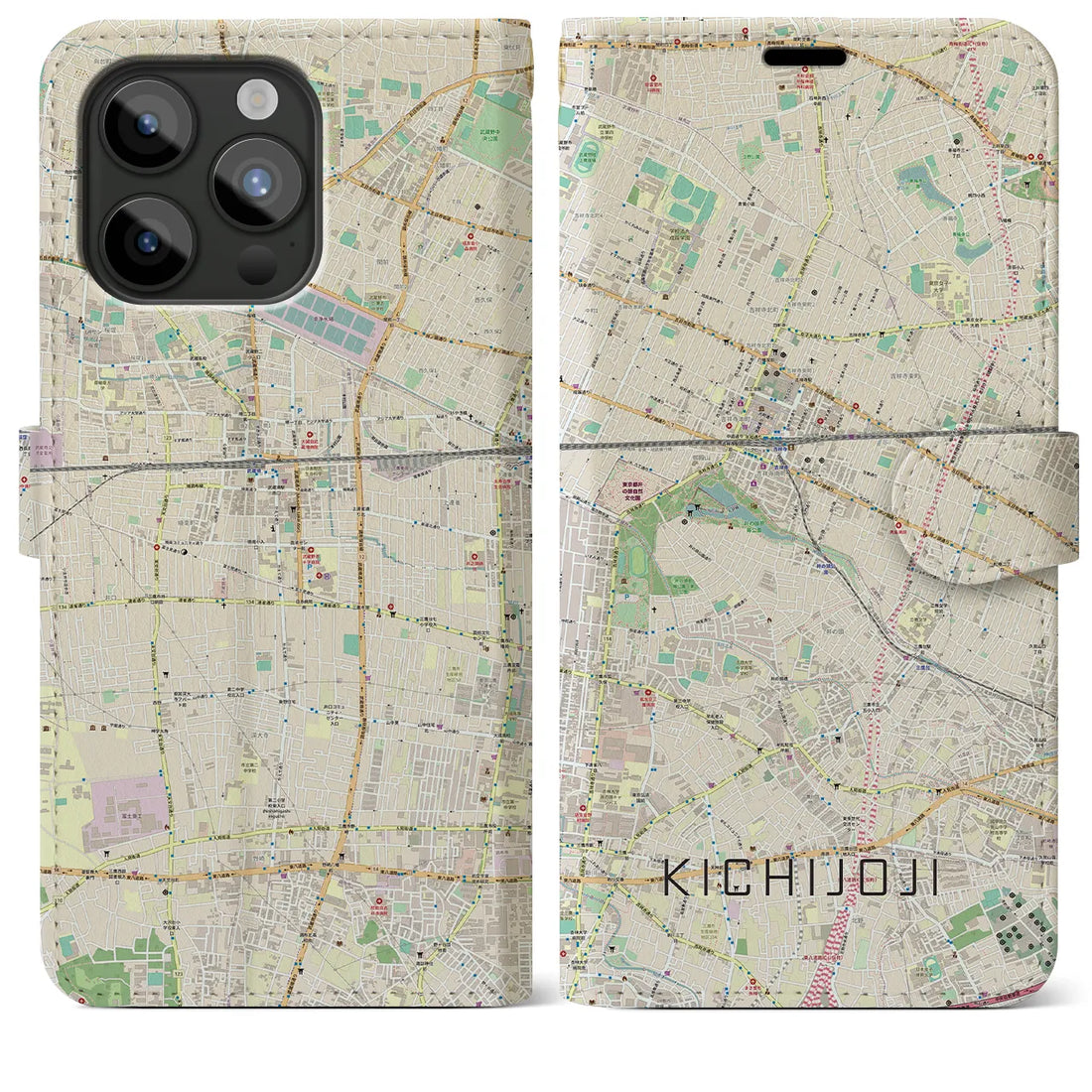 【吉祥寺】地図柄iPhoneケース（手帳両面タイプ・ナチュラル）iPhone 15 Pro Max 用