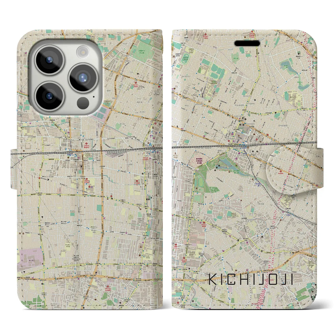【吉祥寺】地図柄iPhoneケース（手帳両面タイプ・ナチュラル）iPhone 15 Pro 用