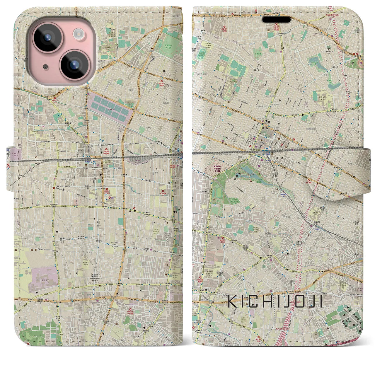 【吉祥寺】地図柄iPhoneケース（手帳両面タイプ・ナチュラル）iPhone 15 Plus 用