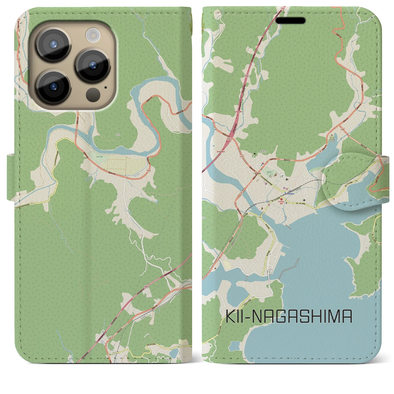 【紀伊長島】地図柄iPhoneケース（手帳両面タイプ・ナチュラル）iPhone 14 Pro Max 用
