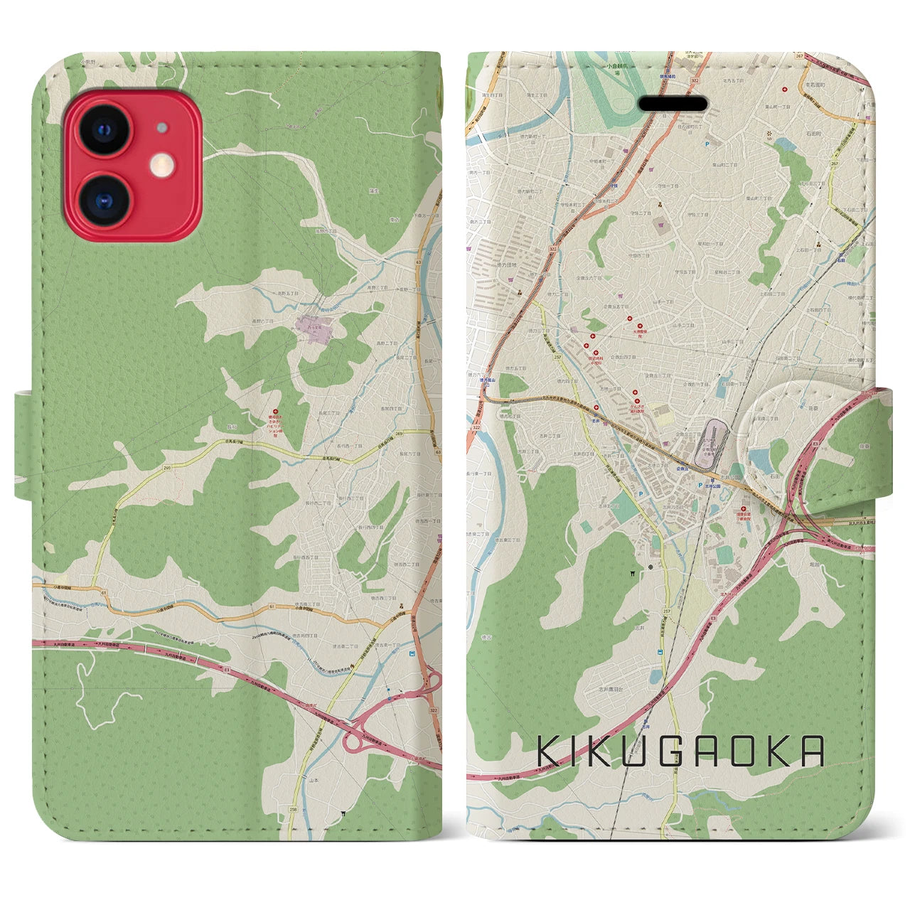【企救丘】地図柄iPhoneケース（手帳両面タイプ・ナチュラル）iPhone 11 用