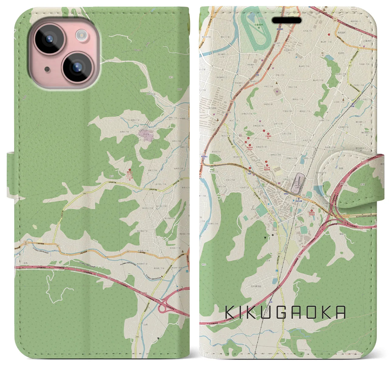 【企救丘】地図柄iPhoneケース（手帳両面タイプ・ナチュラル）iPhone 15 Plus 用