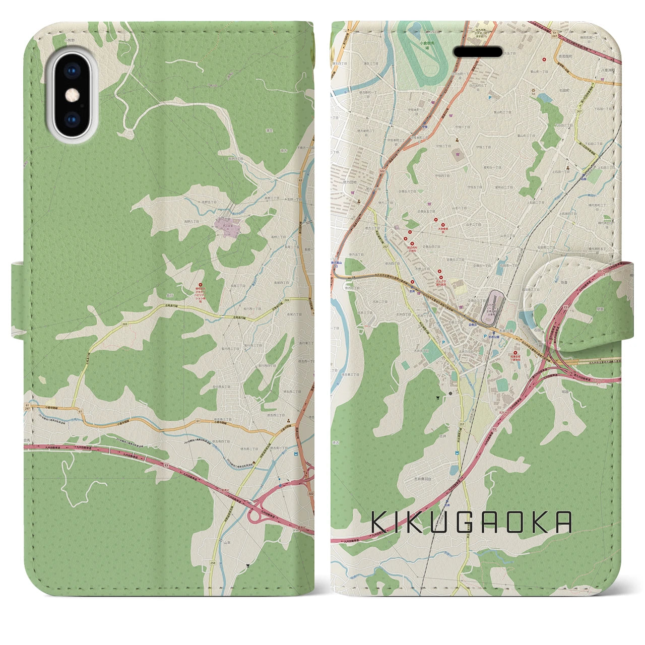 【企救丘】地図柄iPhoneケース（手帳両面タイプ・ナチュラル）iPhone XS Max 用