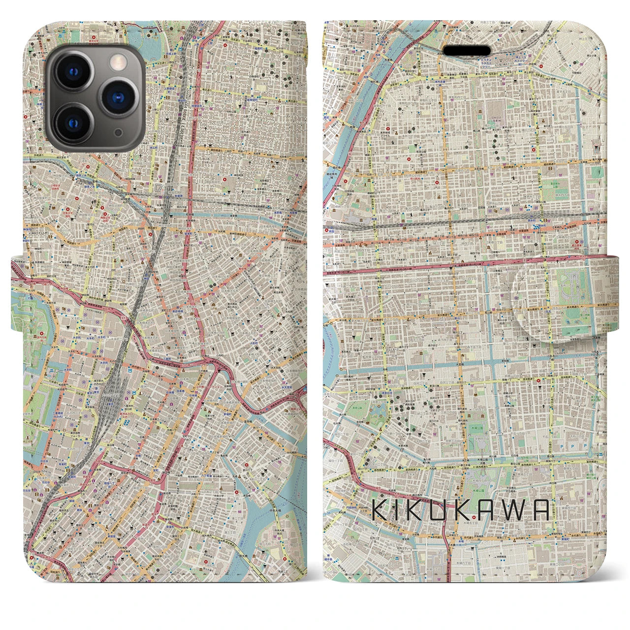 【菊川】地図柄iPhoneケース（手帳両面タイプ・ナチュラル）iPhone 11 Pro Max 用
