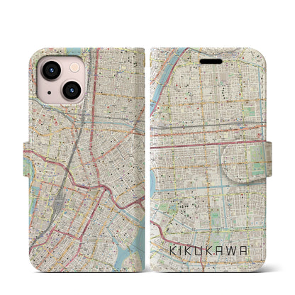 【菊川（東京都）】地図柄iPhoneケース（手帳タイプ）ナチュラル・iPhone 13 mini 用