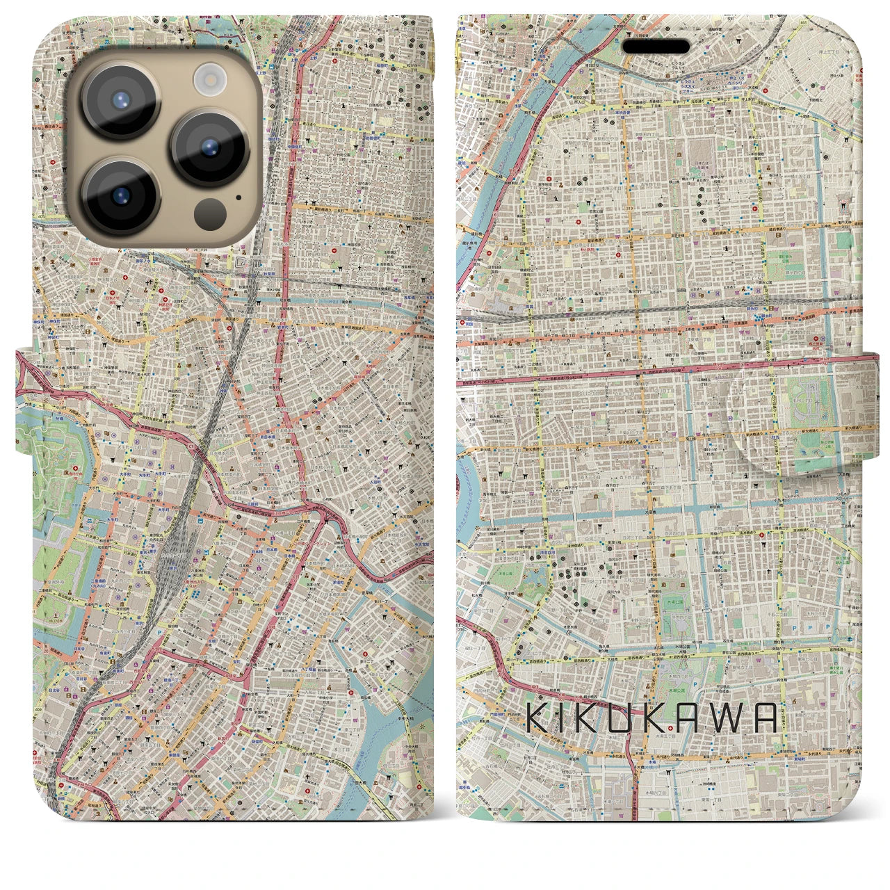 【菊川】地図柄iPhoneケース（手帳両面タイプ・ナチュラル）iPhone 14 Pro Max 用