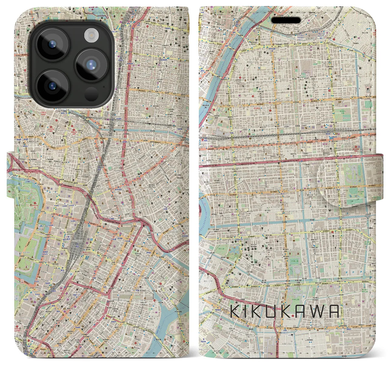 【菊川】地図柄iPhoneケース（手帳両面タイプ・ナチュラル）iPhone 15 Pro Max 用