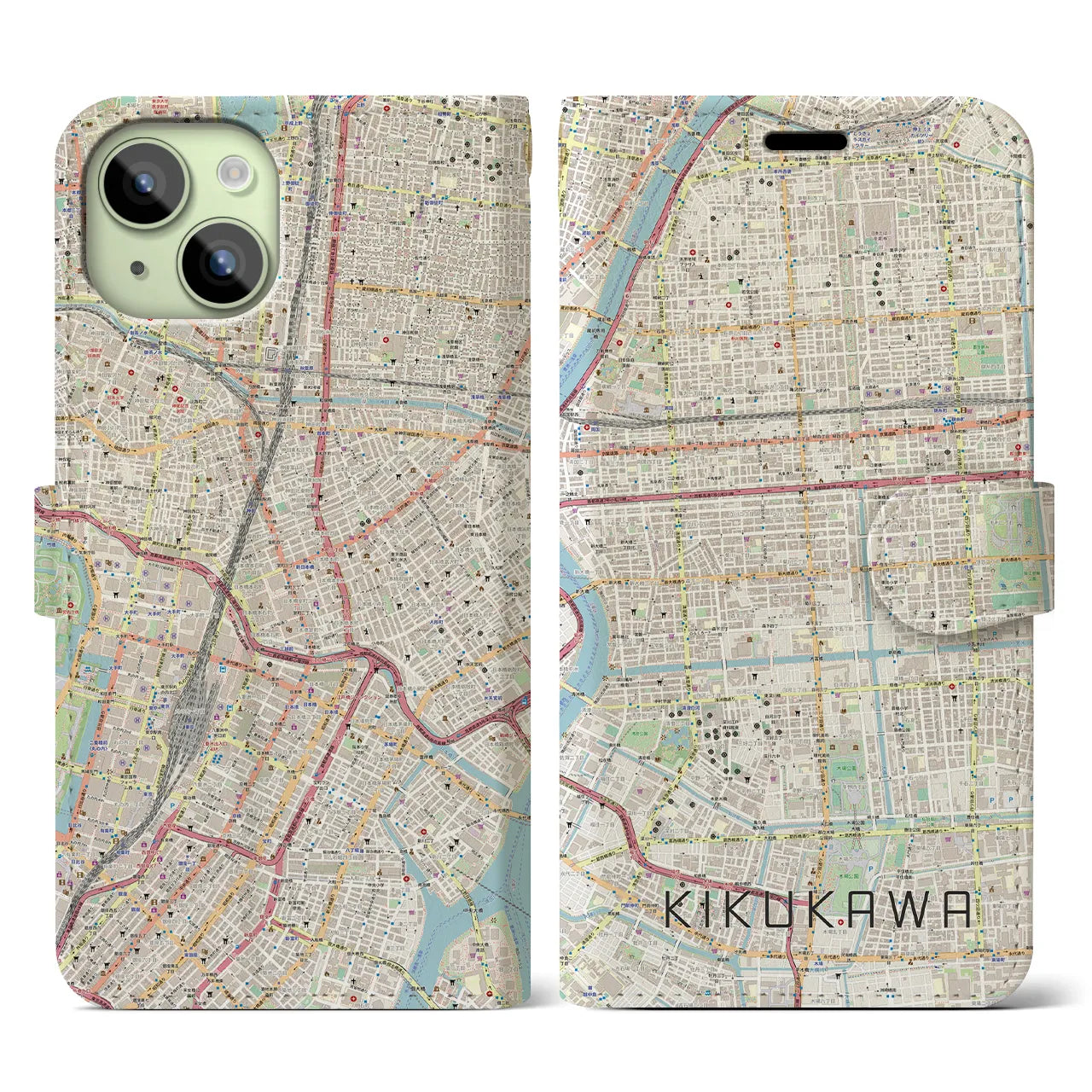 【菊川】地図柄iPhoneケース（手帳両面タイプ・ナチュラル）iPhone 15 用