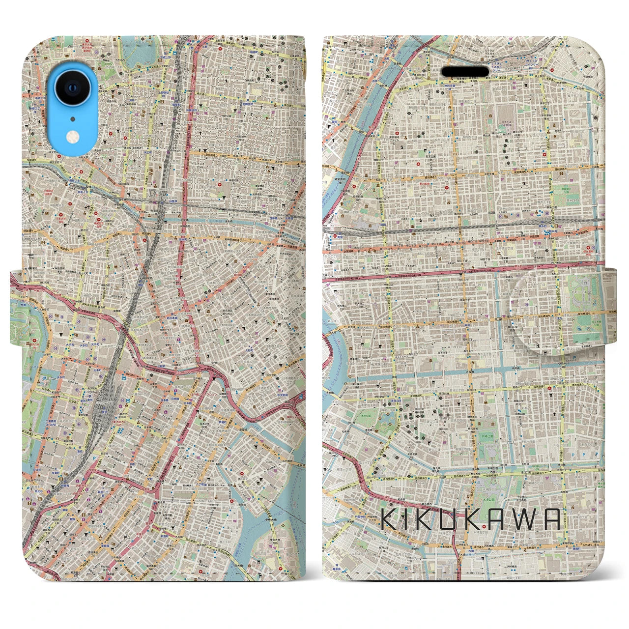 【菊川】地図柄iPhoneケース（手帳両面タイプ・ナチュラル）iPhone XR 用