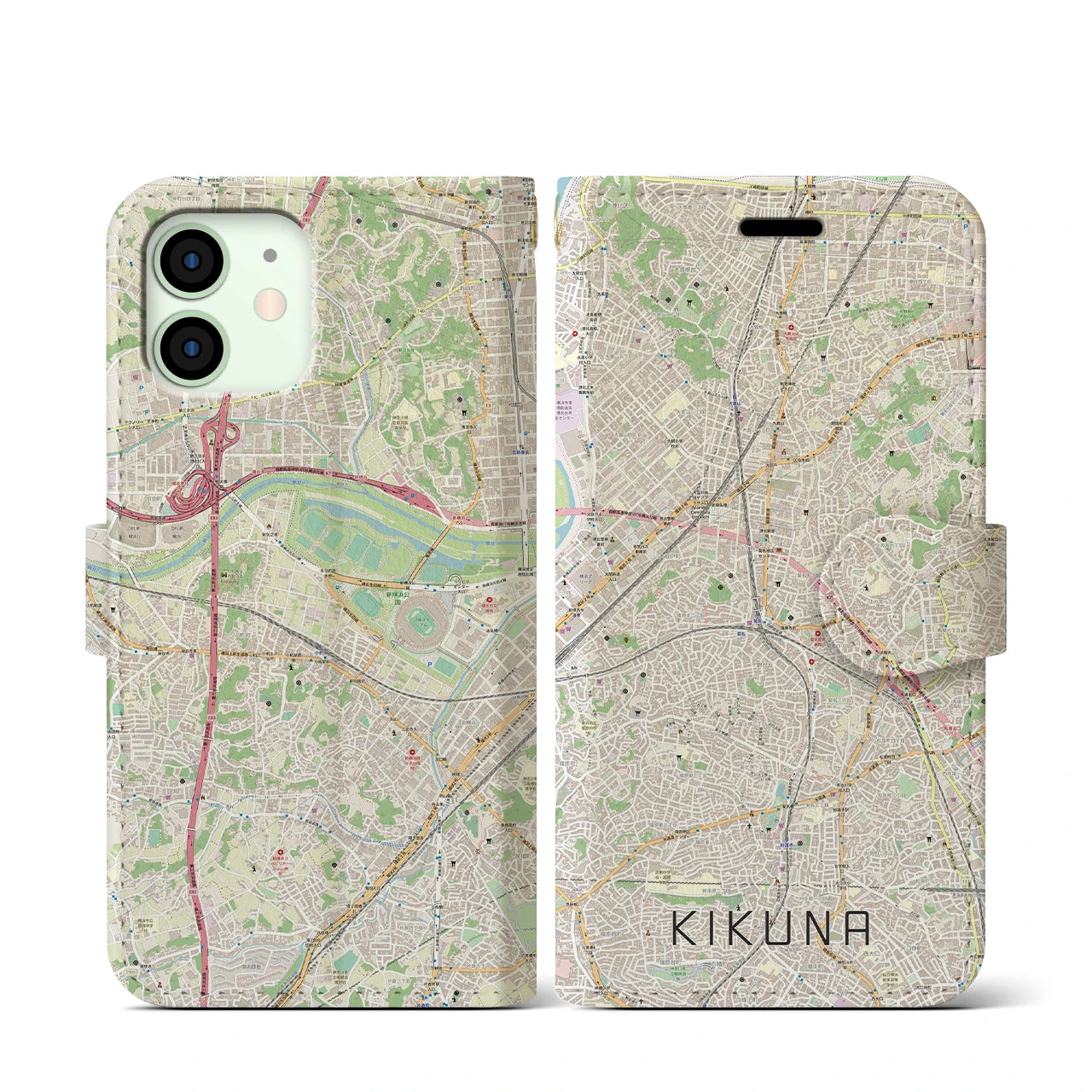 【菊名】地図柄iPhoneケース（手帳両面タイプ・ナチュラル）iPhone 12 mini 用