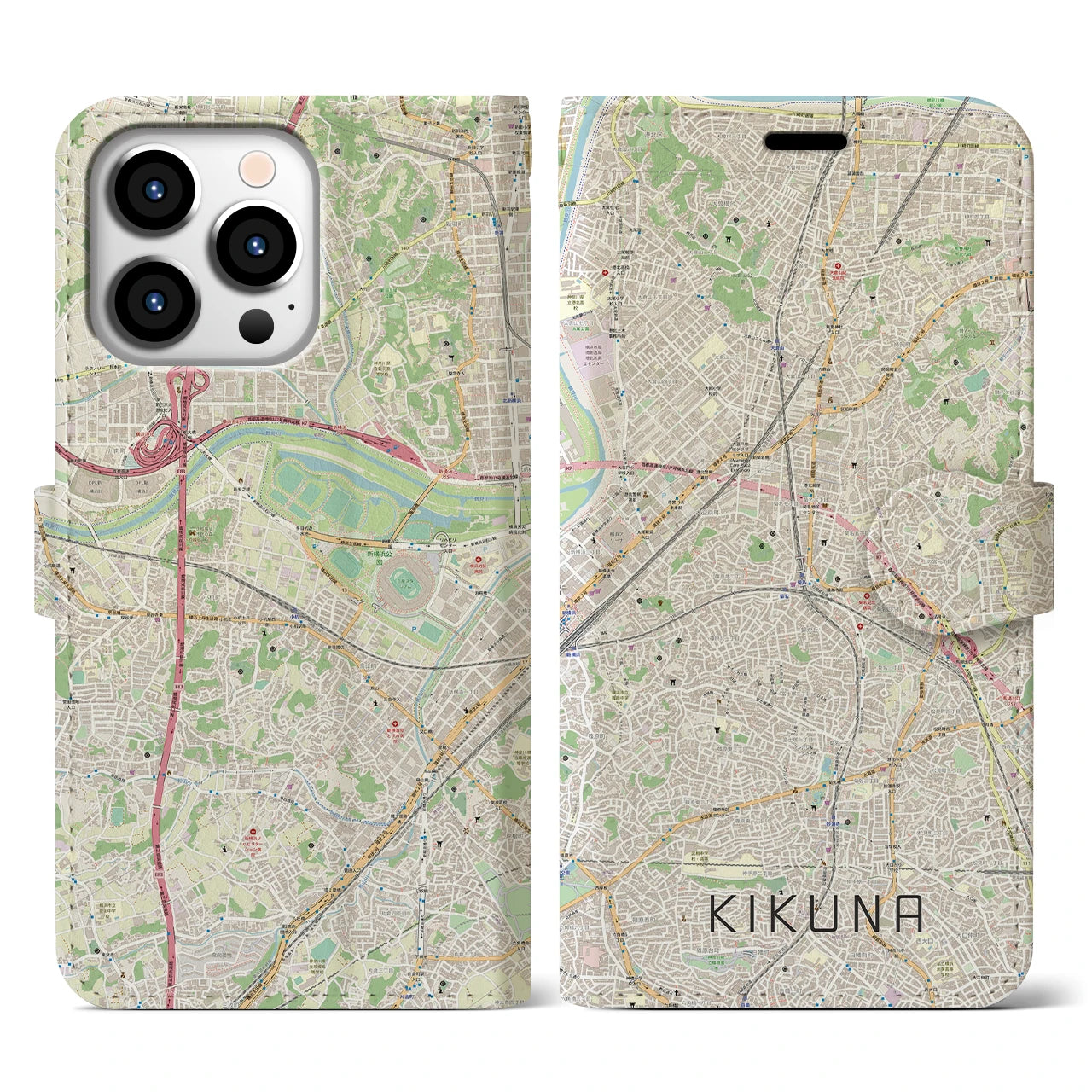 【菊名】地図柄iPhoneケース（手帳両面タイプ・ナチュラル）iPhone 13 Pro 用