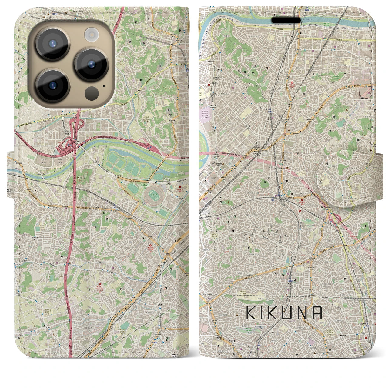 【菊名】地図柄iPhoneケース（手帳両面タイプ・ナチュラル）iPhone 14 Pro Max 用