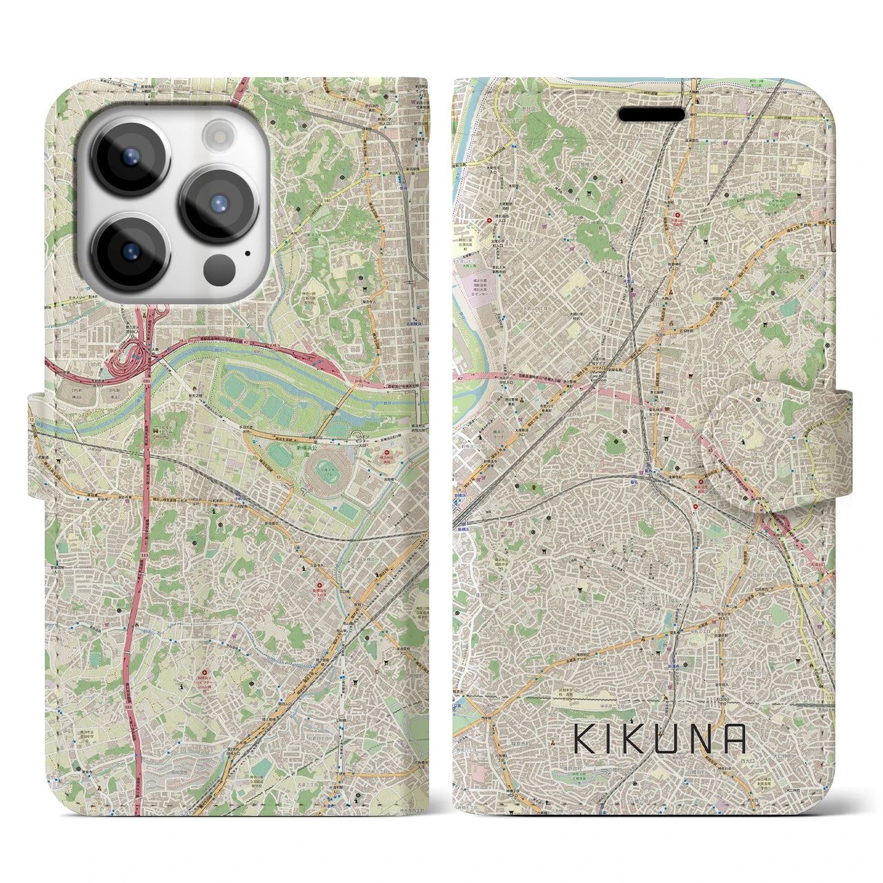 【菊名】地図柄iPhoneケース（手帳両面タイプ・ナチュラル）iPhone 14 Pro 用