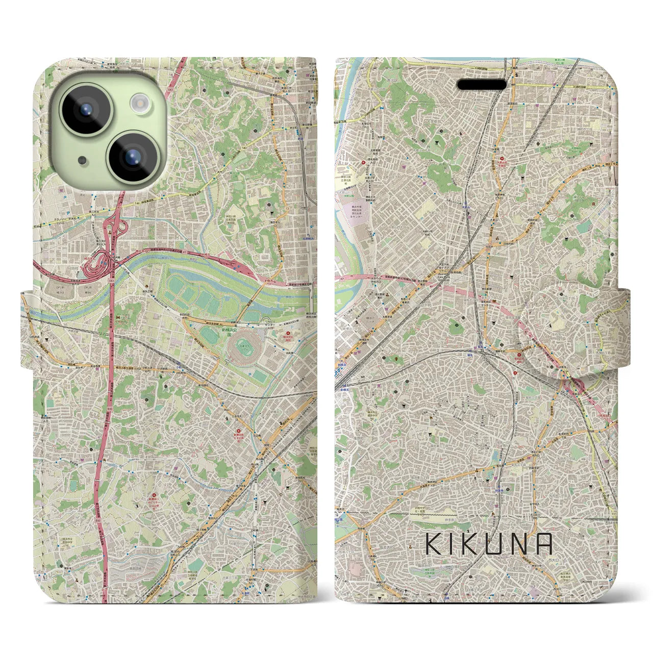 【菊名】地図柄iPhoneケース（手帳両面タイプ・ナチュラル）iPhone 15 用