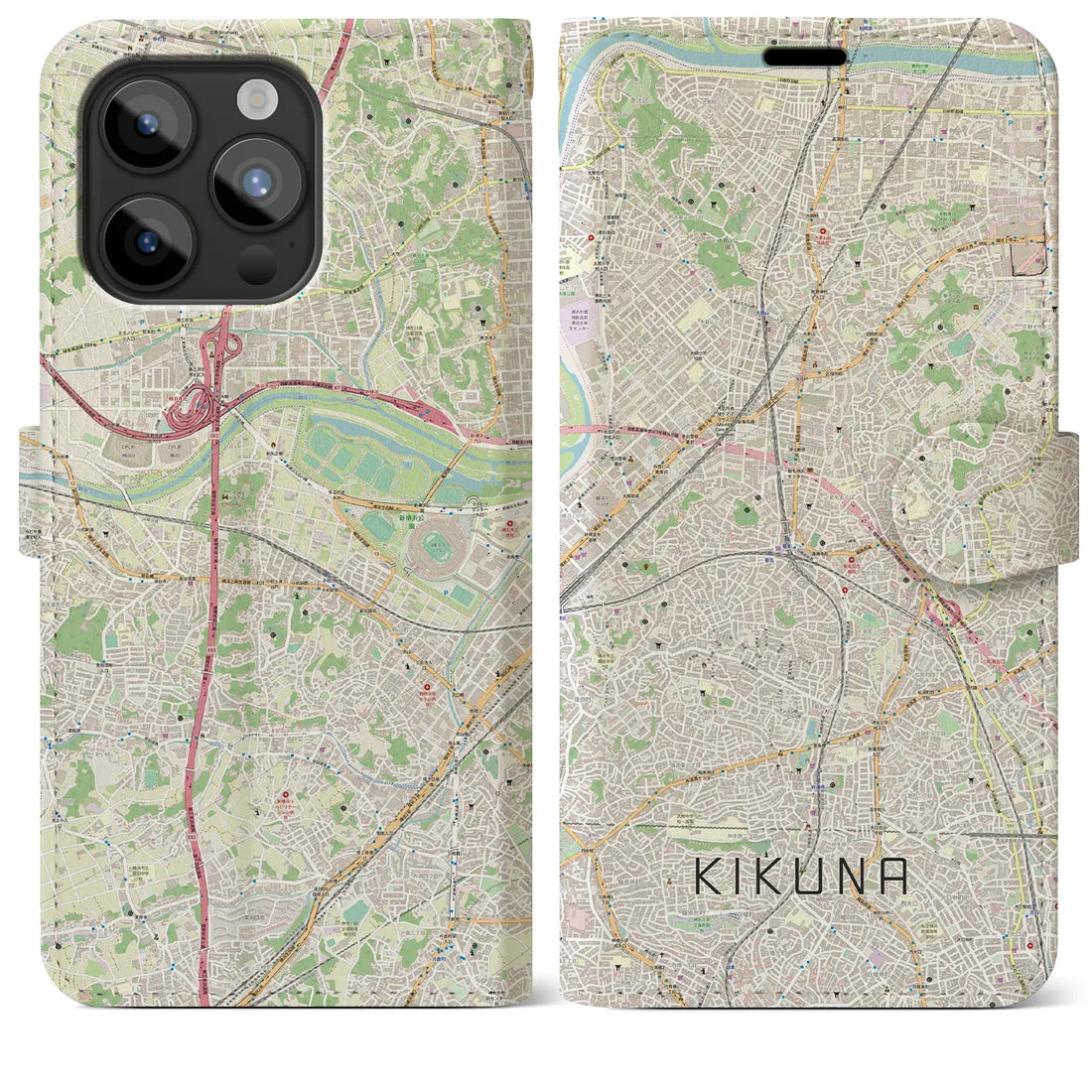 【菊名】地図柄iPhoneケース（手帳両面タイプ・ナチュラル）iPhone 15 Pro Max 用