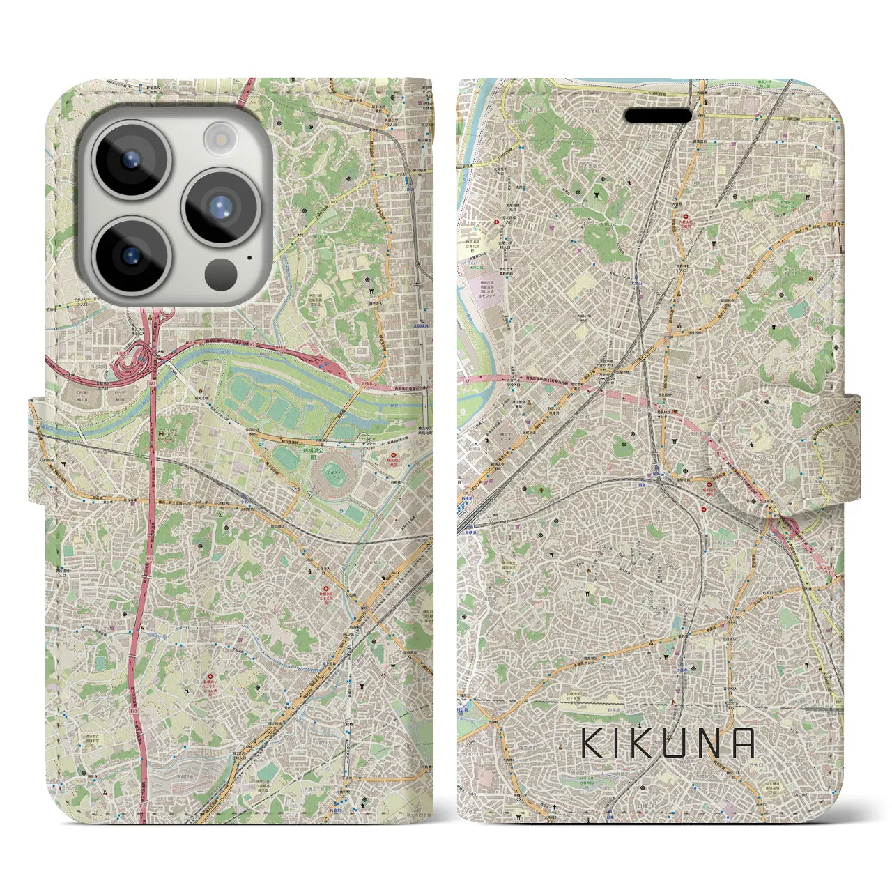 【菊名】地図柄iPhoneケース（手帳両面タイプ・ナチュラル）iPhone 15 Pro 用