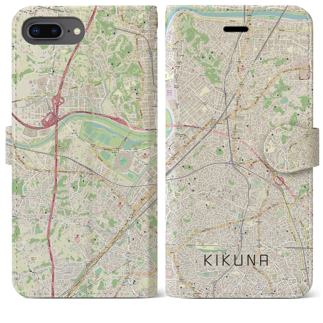 【菊名】地図柄iPhoneケース（手帳両面タイプ・ナチュラル）iPhone 8Plus /7Plus / 6sPlus / 6Plus 用