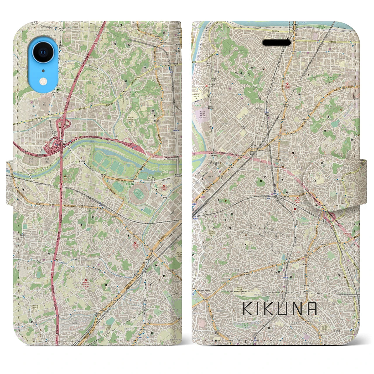 【菊名】地図柄iPhoneケース（手帳両面タイプ・ナチュラル）iPhone XR 用