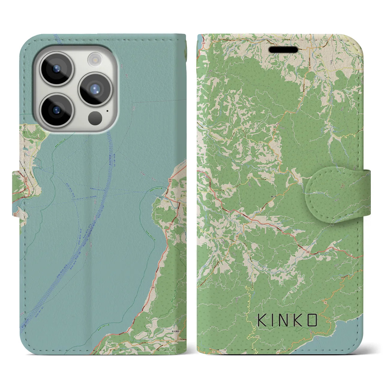 【錦江】地図柄iPhoneケース（手帳両面タイプ・ナチュラル）iPhone 15 Pro 用