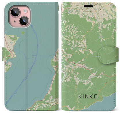 【錦江（鹿児島県）】地図柄iPhoneケース（手帳タイプ）ナチュラル・iPhone 15 Plus 用