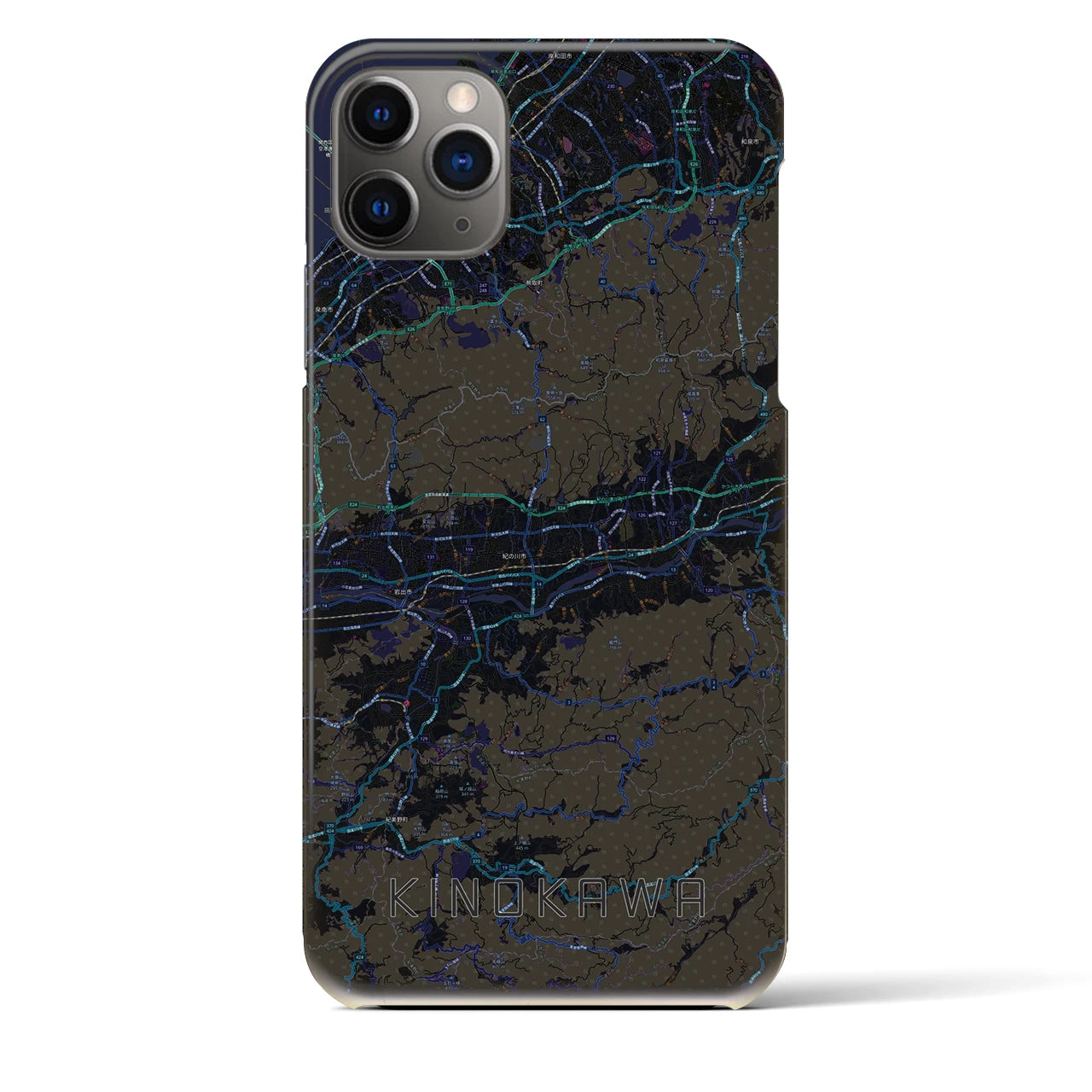 【紀の川】地図柄iPhoneケース（バックカバータイプ・ブラック）iPhone 11 Pro Max 用