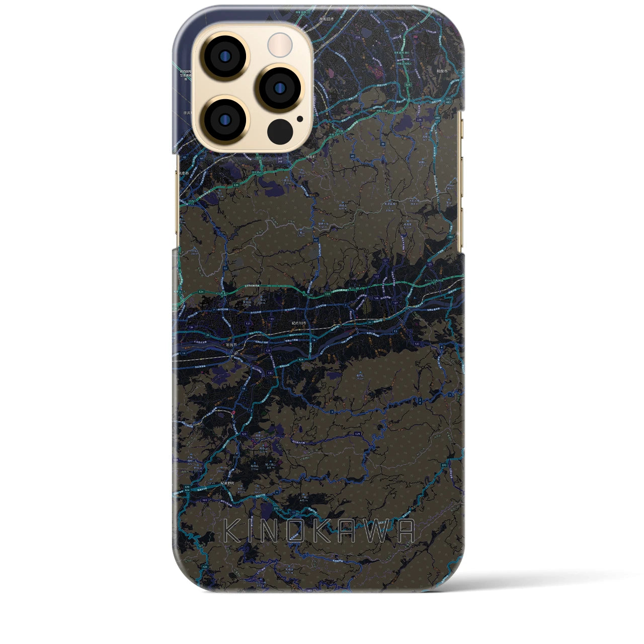 【紀の川】地図柄iPhoneケース（バックカバータイプ・ブラック）iPhone 12 Pro Max 用