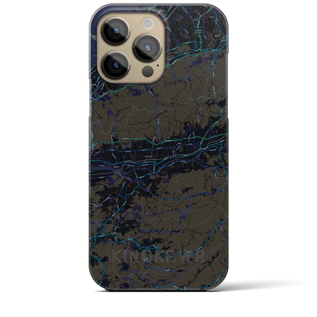 【紀の川】地図柄iPhoneケース（バックカバータイプ・ブラック）iPhone 14 Pro Max 用