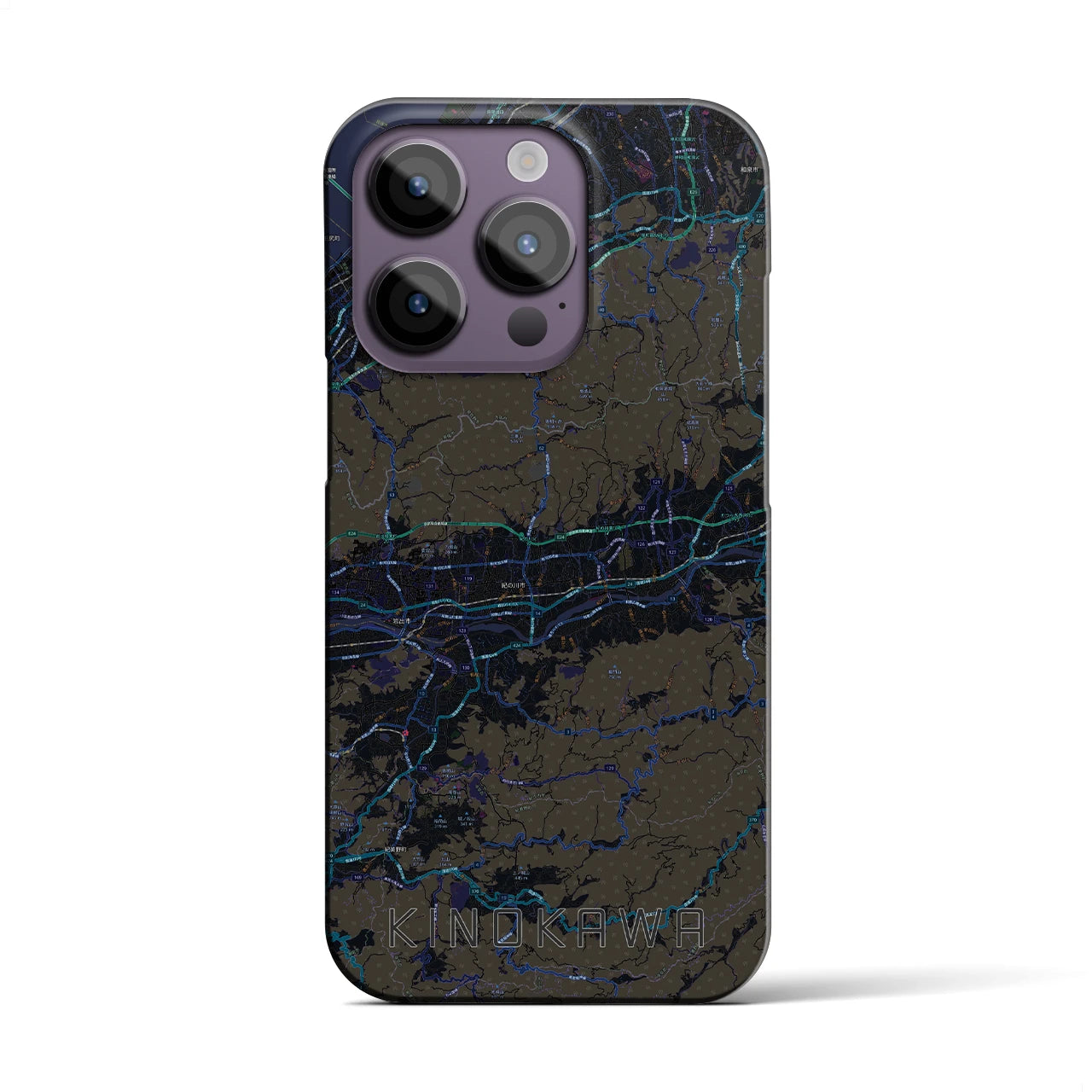 【紀の川】地図柄iPhoneケース（バックカバータイプ・ブラック）iPhone 14 Pro 用