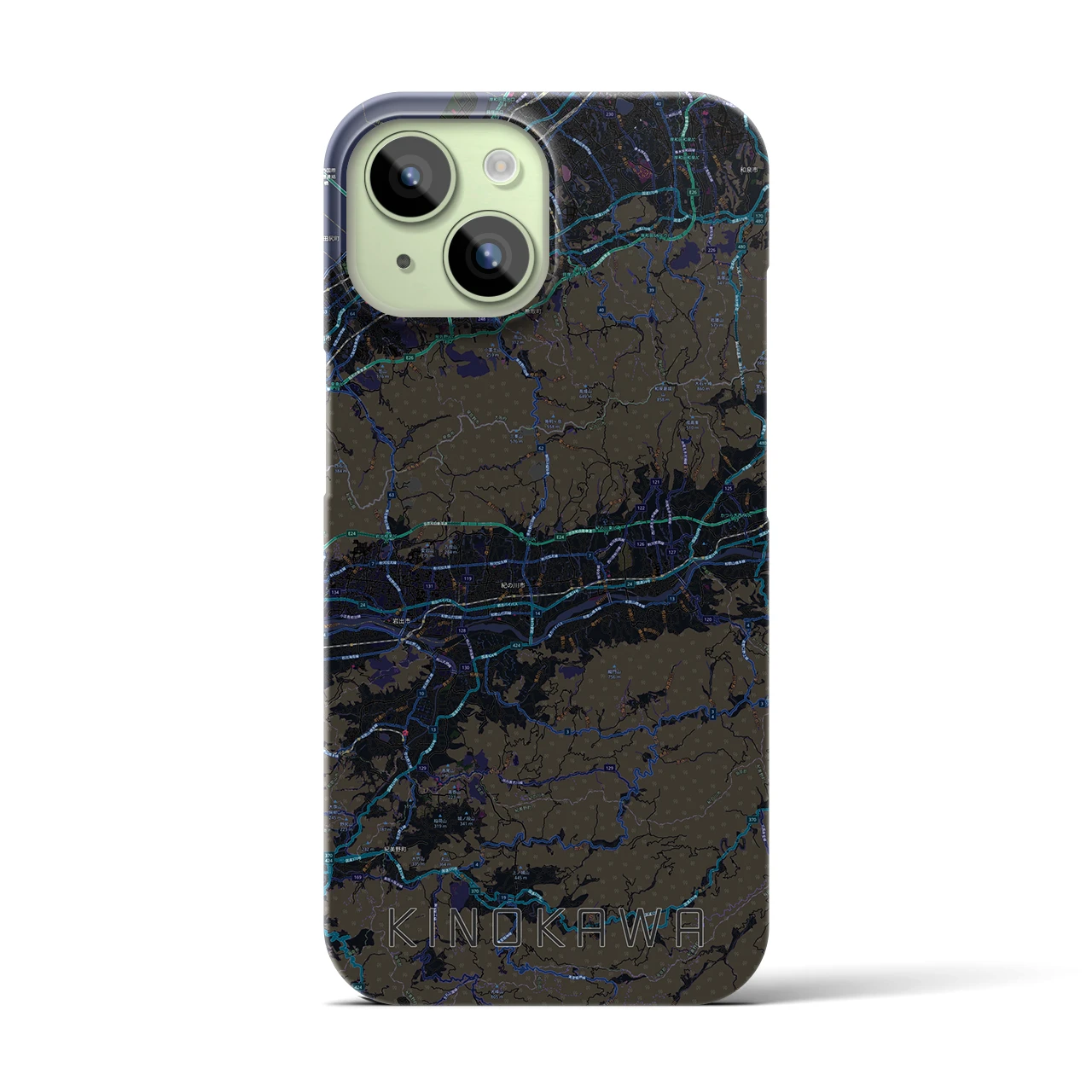 【紀の川】地図柄iPhoneケース（バックカバータイプ・ブラック）iPhone 15 用