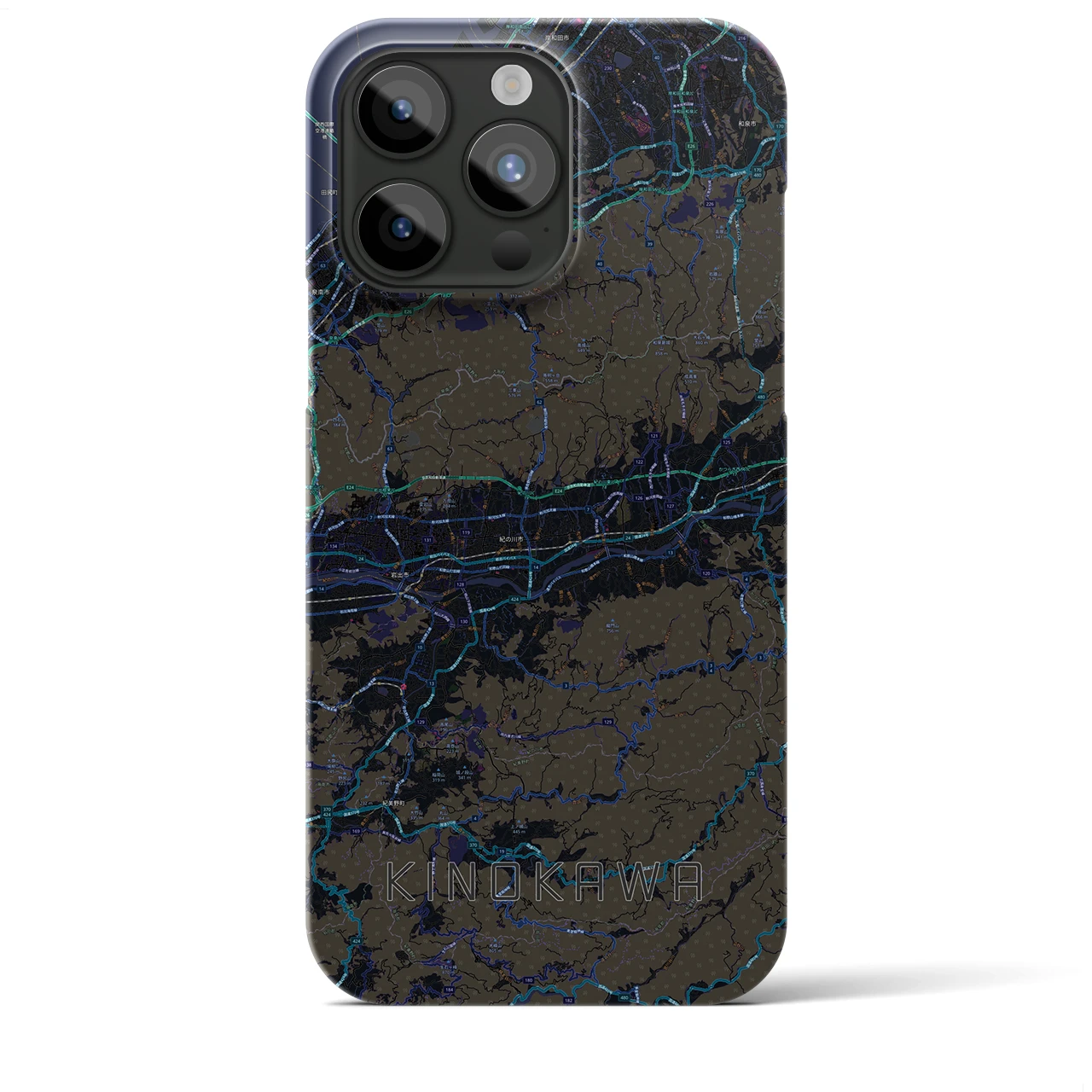 【紀の川】地図柄iPhoneケース（バックカバータイプ・ブラック）iPhone 15 Pro Max 用