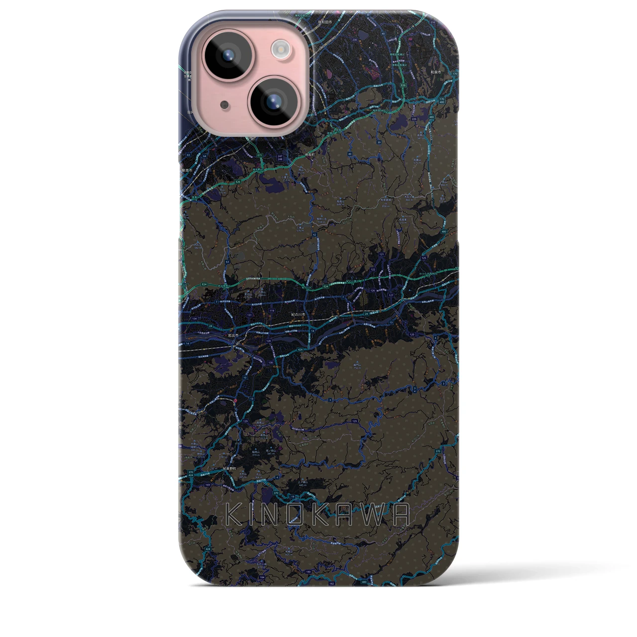 【紀の川】地図柄iPhoneケース（バックカバータイプ・ブラック）iPhone 15 Plus 用