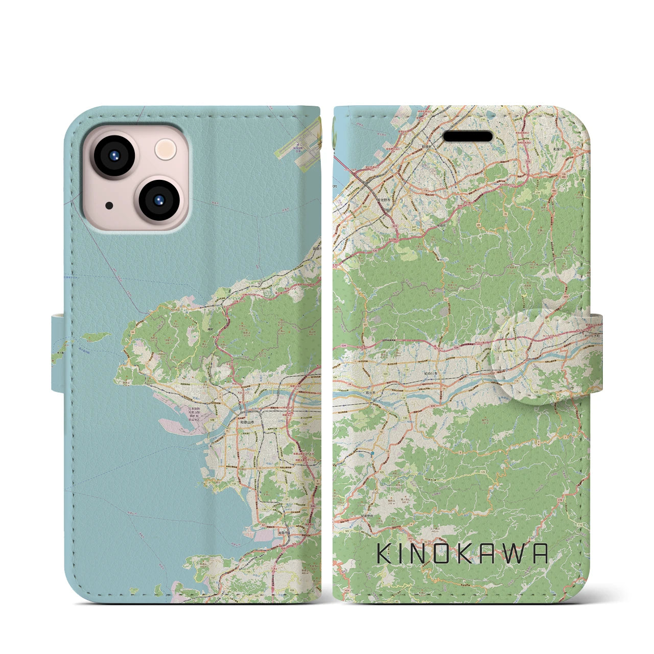 【紀の川】地図柄iPhoneケース（手帳両面タイプ・ナチュラル）iPhone 13 mini 用