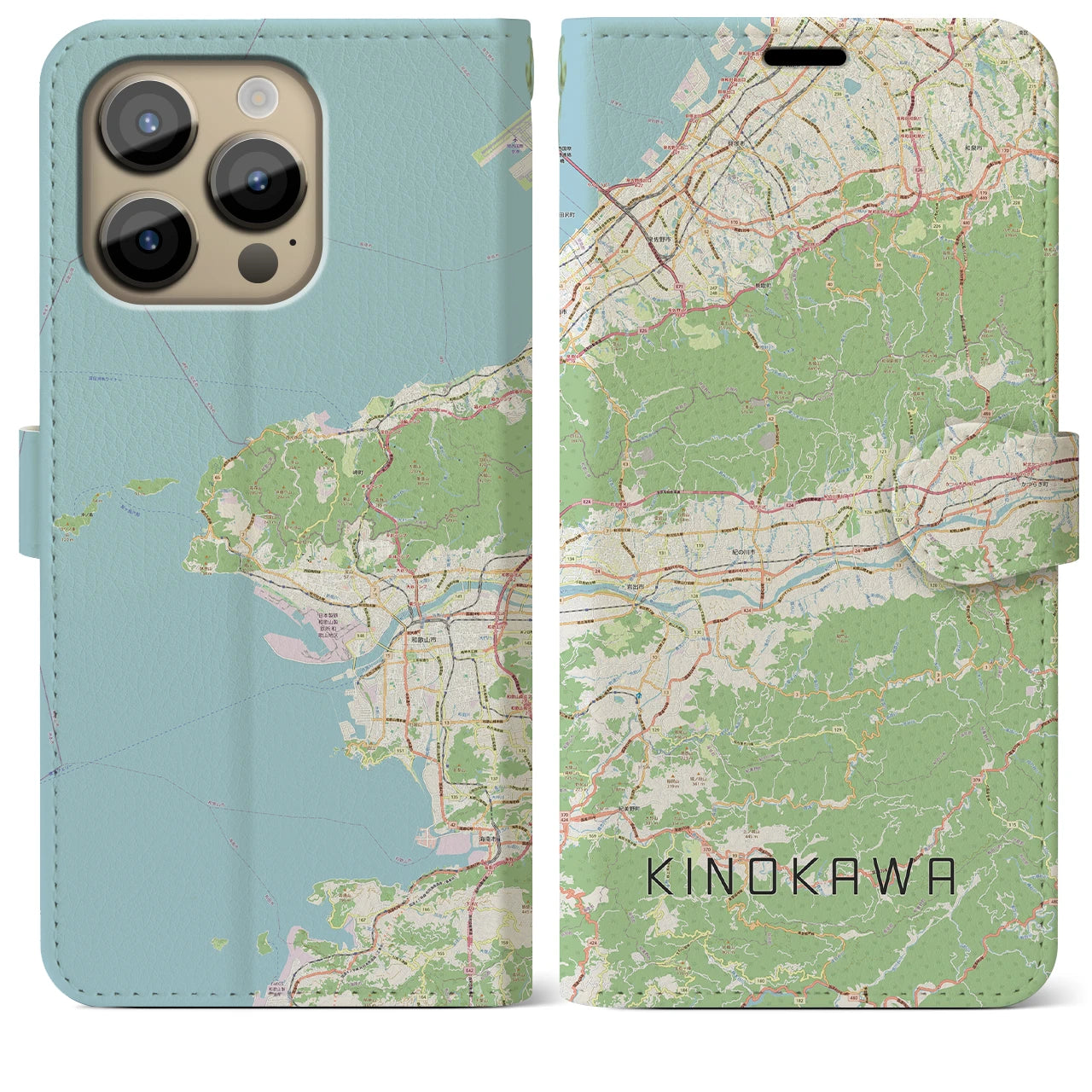 【紀の川】地図柄iPhoneケース（手帳両面タイプ・ナチュラル）iPhone 14 Pro Max 用