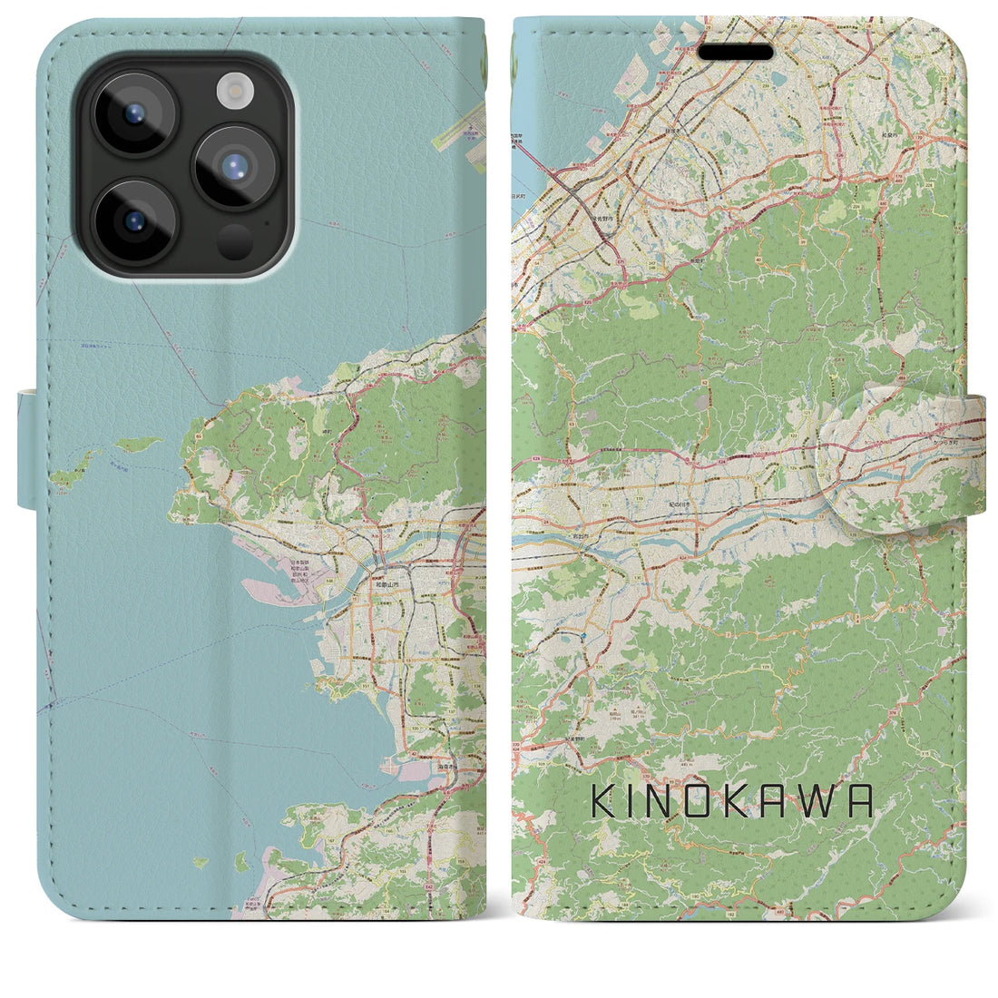 【紀の川】地図柄iPhoneケース（手帳両面タイプ・ナチュラル）iPhone 15 Pro Max 用