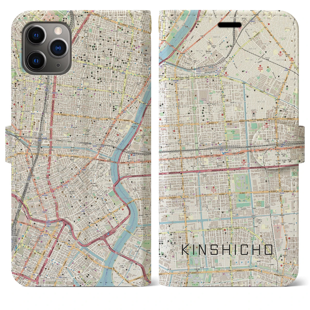 【錦糸町】地図柄iPhoneケース（手帳両面タイプ・ナチュラル）iPhone 11 Pro Max 用