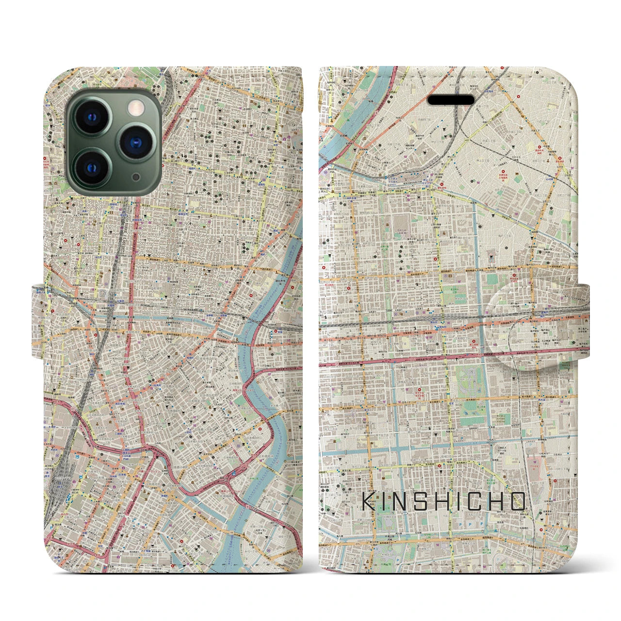 【錦糸町】地図柄iPhoneケース（手帳両面タイプ・ナチュラル）iPhone 11 Pro 用