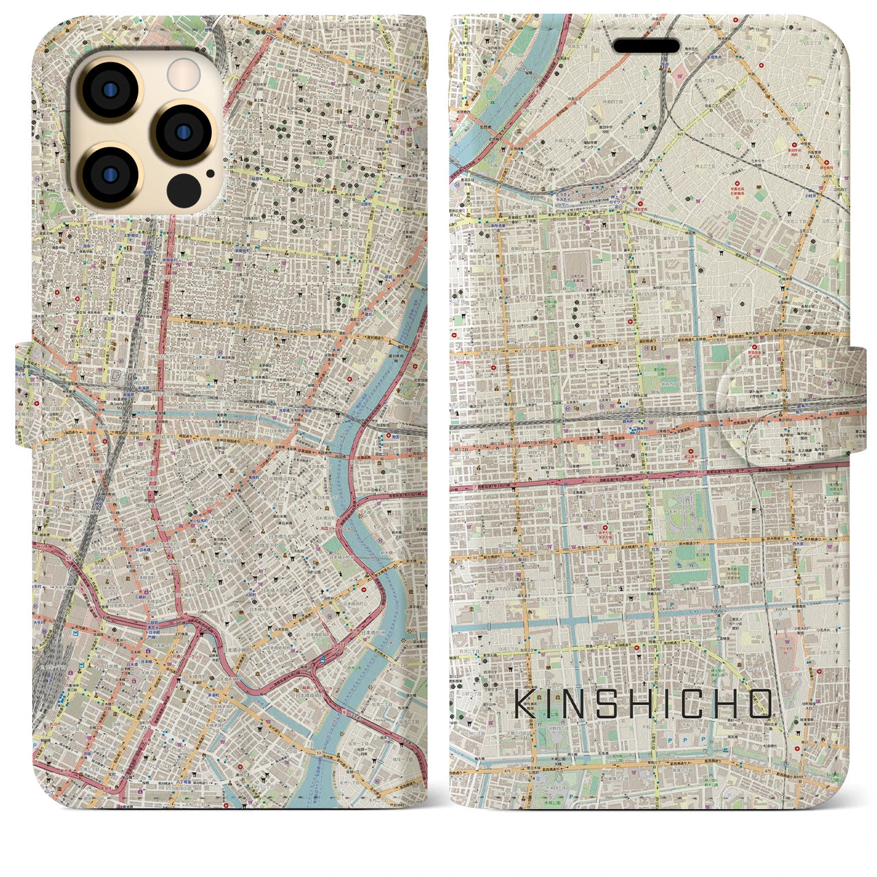 【錦糸町】地図柄iPhoneケース（手帳両面タイプ・ナチュラル）iPhone 12 Pro Max 用