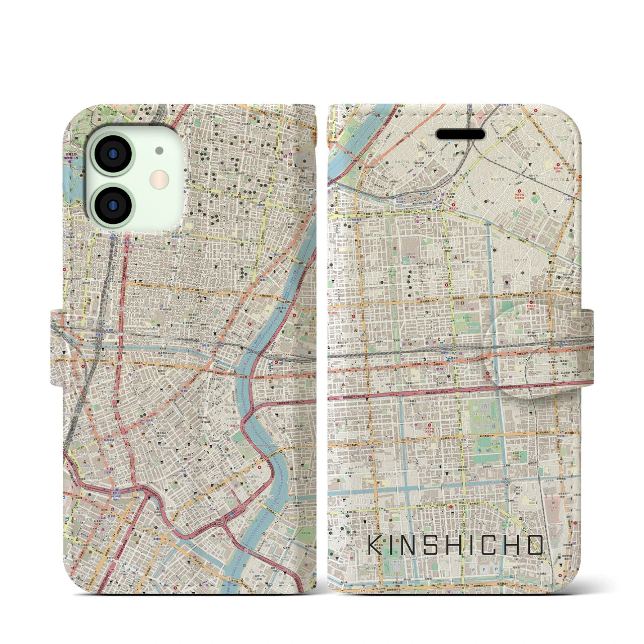 【錦糸町】地図柄iPhoneケース（手帳両面タイプ・ナチュラル）iPhone 12 mini 用